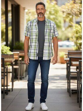 Fossil Mens Green White Plaid Short-Sleeve Button-Up Shirt 100% Cotton S Casual